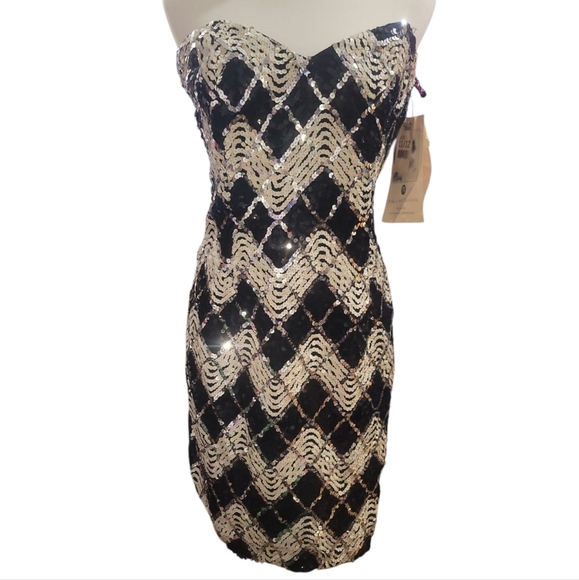Jessica McClintock Gunne Sax black white silver sequin strapless occasion dress - Picture 1 of 16